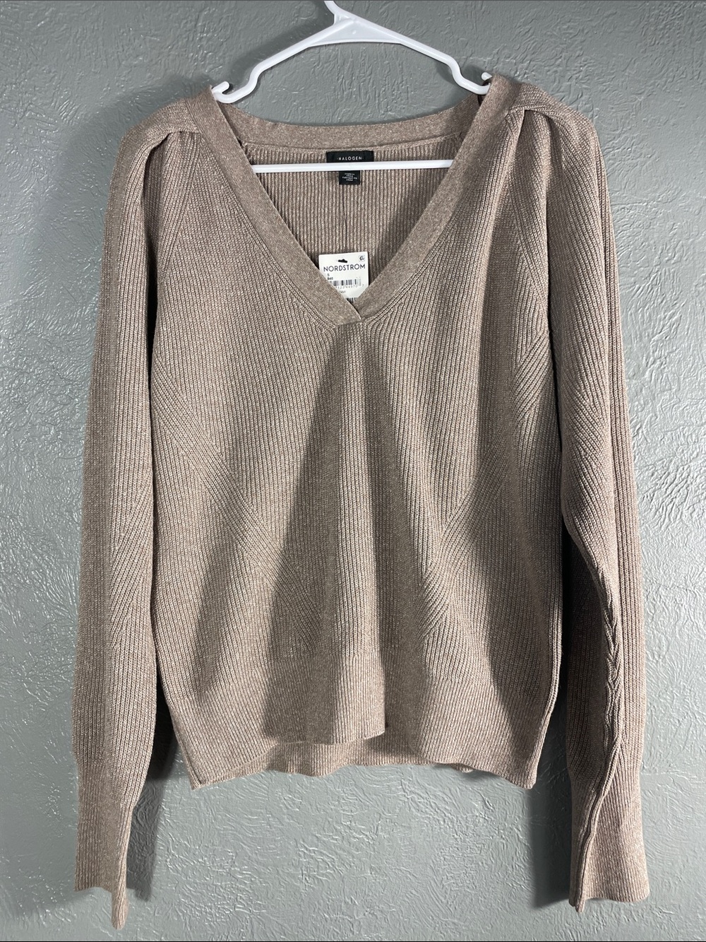 Halogen Nordstrom Sweater Womens S NWT Taupe V Neck Puff Sleeve Knit Pullover